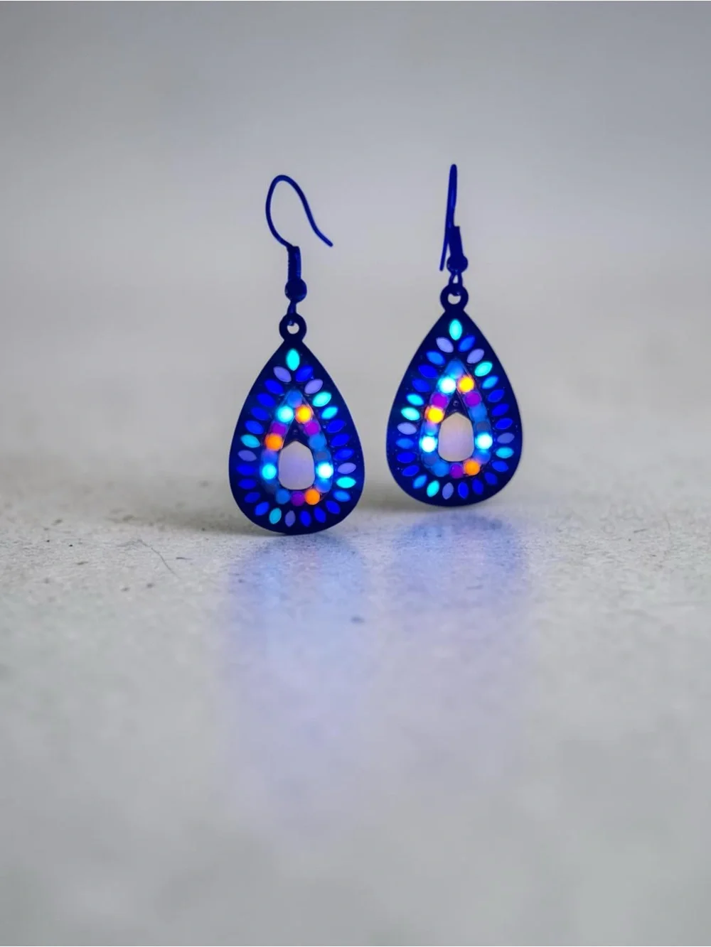 Multicolor Mosaic Teardrop Silver Tone Boho Dangle Earrings